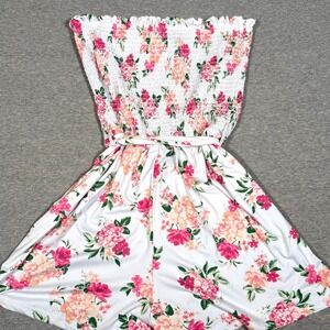 Full Circle Trends Floral Strapless Romper Pink White Smocked Tube Top Large